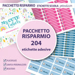 Pacchetto risparmio 204 Etichette scuola tema personalizzato