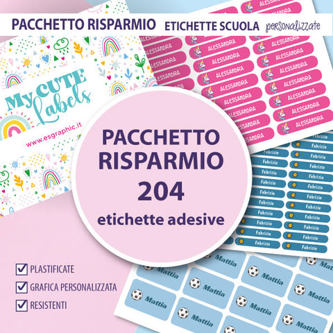 Pacchetto risparmio 204 Etichette scuola tema personalizzato